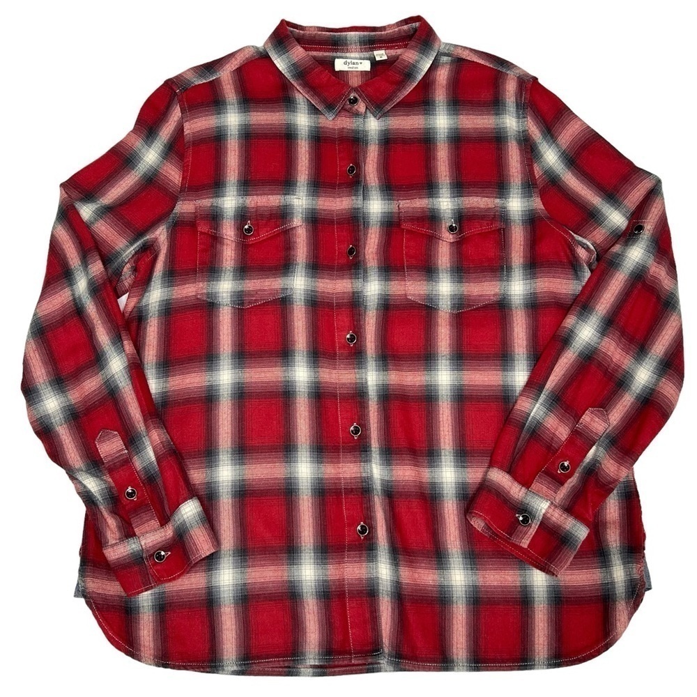 DYLAN Long Sleeve Red Black White Plaid Flannel Shirt Ultra Soft Women's Size M - Picture 5 of 16